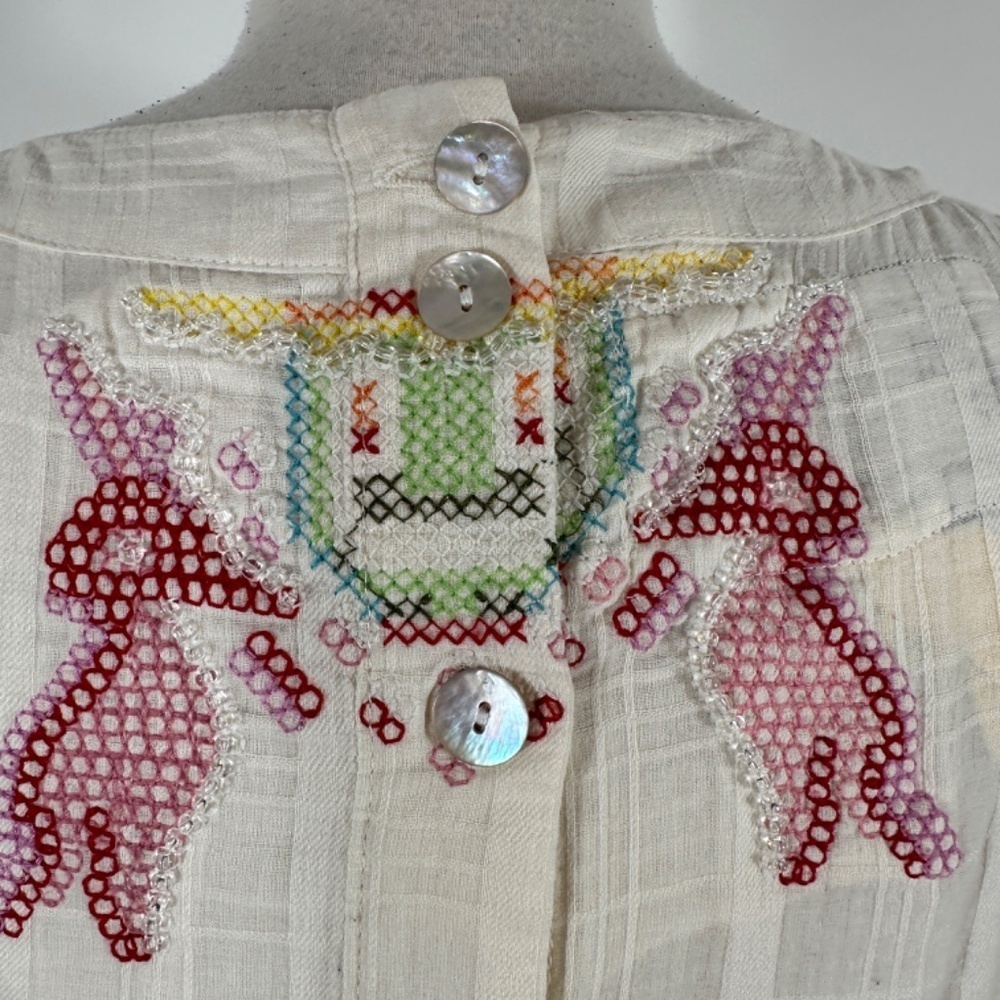 Y2K Da-Nang White Boho Sleeveless Cotton Embroidery Beaded Shift Dress Size S - Picture 11 of 15